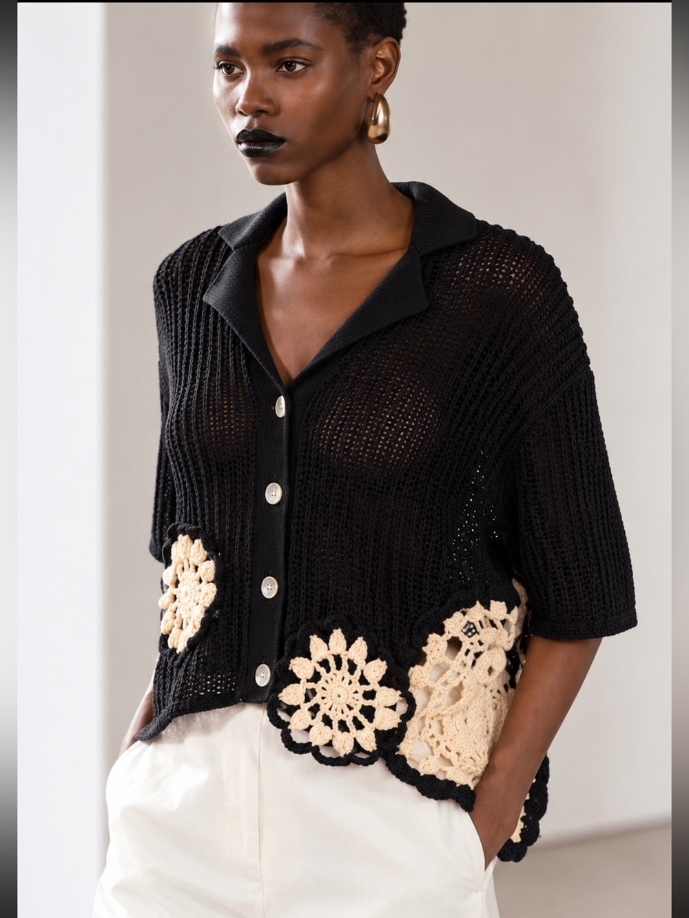 Zara CROCHET KNIT POLO TOP Size S~M ~ NWT